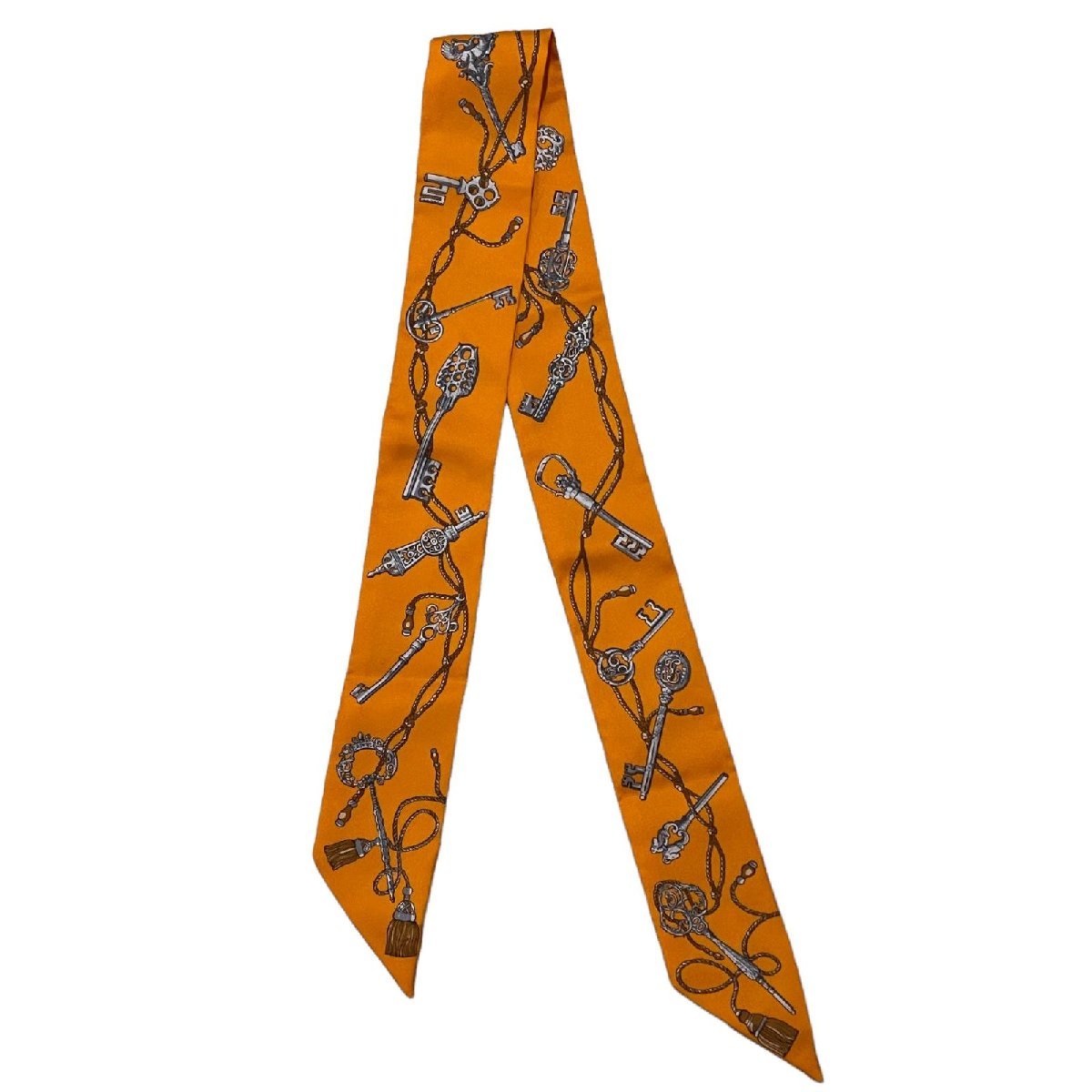 HERMES エルメス ツイリー スカーフ 鍵柄 HERMES エルメス 美品 スカーフ ツイリー 鍵モチーフ オレンジ系