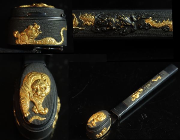 SEP013 極上品 日向作 銅製矢立 龍虎金象嵌魚々子縁頭 小柄 刀装具 袋