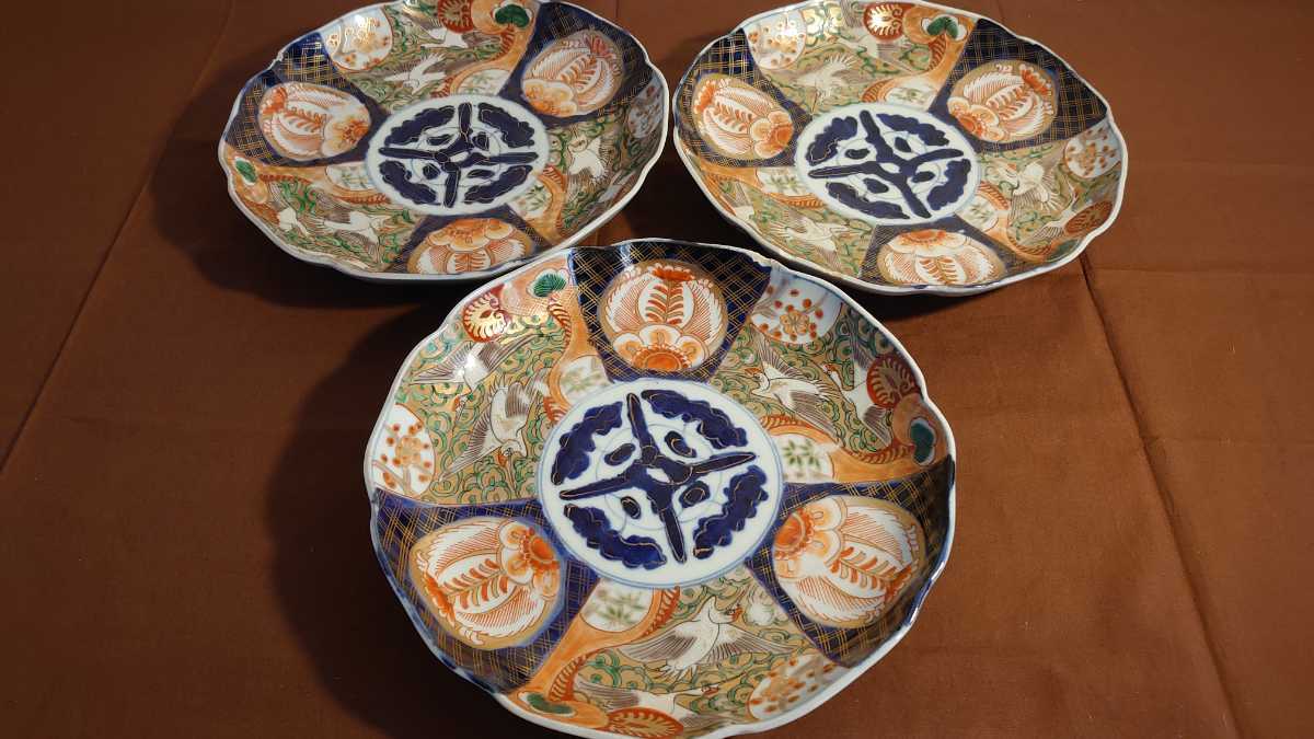 古伊万里 7寸皿 金襴手 輪花形 染錦 5客 - 手描き 見込み染