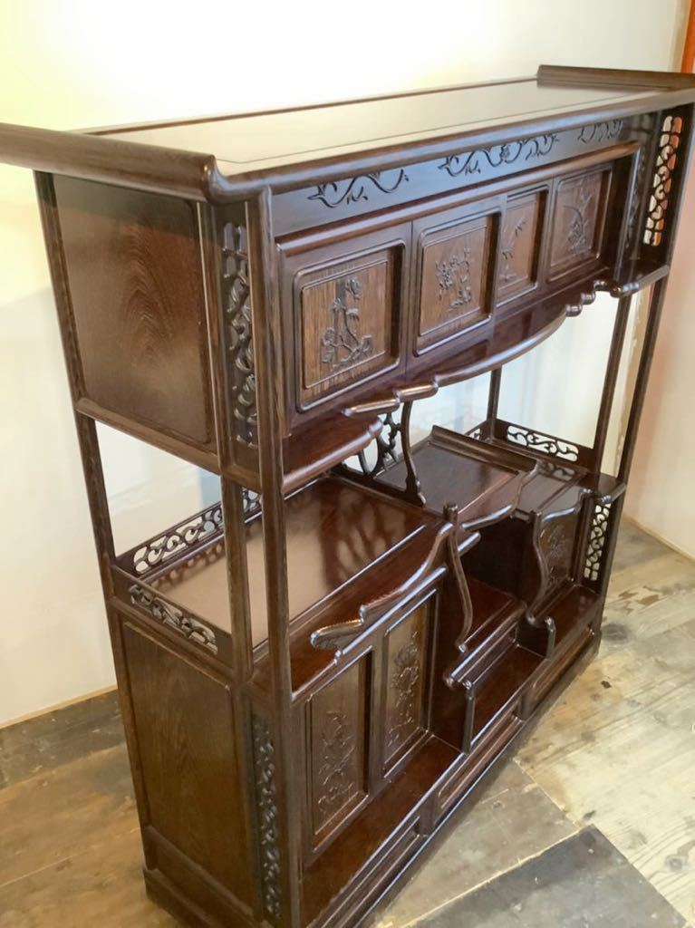 家具04/茶箪笥 浮かし彫り 彫刻 天然木 唐木家具 煎茶道具 茶棚 飾り棚 