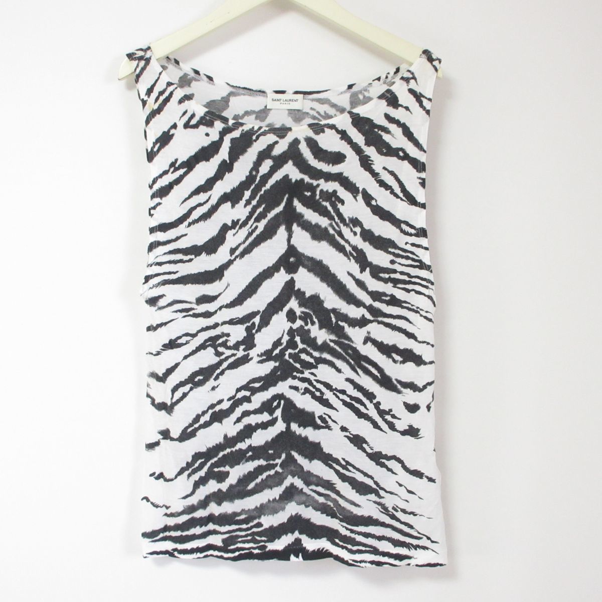 良品 Saint Laurent paris サンローランパリ アニマル柄 ノースリーブ カットソー タンクトップ XS ブラック×ホワイト 091