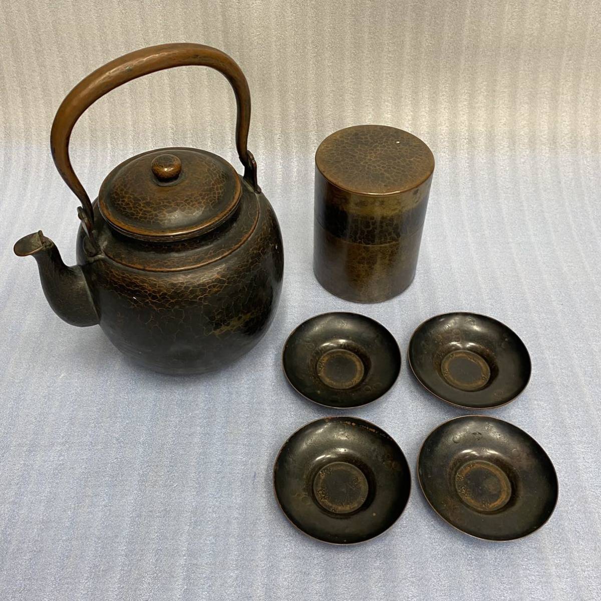 旧家蔵出◆玉川堂 大型茶筒 他 茶器まとめてセット 茶托 茶筒 湯沸 水注 銅器 やかん 薬缶 煎茶道具 