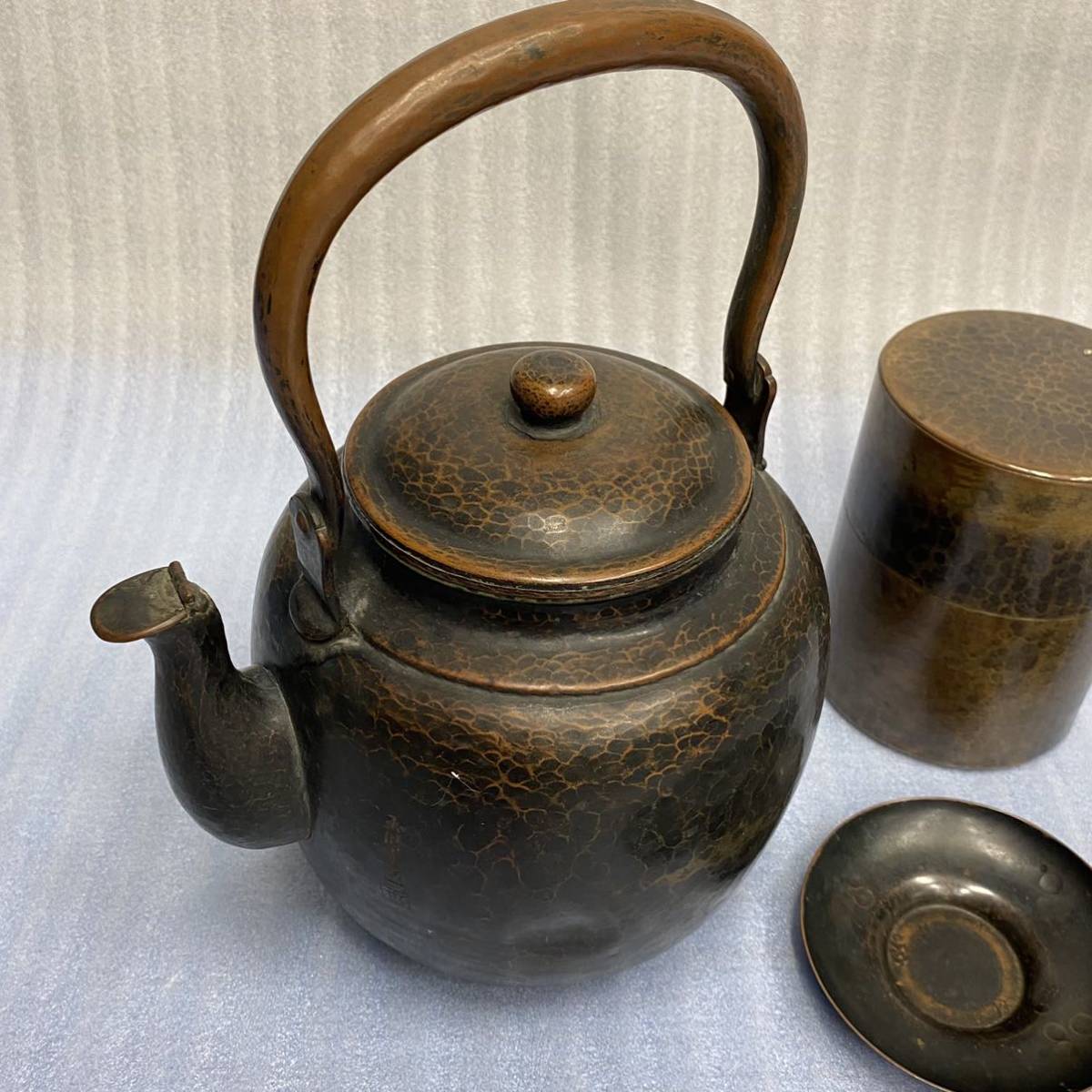旧家蔵出◆玉川堂 大型茶筒 他 茶器まとめてセット 茶托 茶筒 湯沸 水注 銅器 やかん 薬缶 煎茶道具 