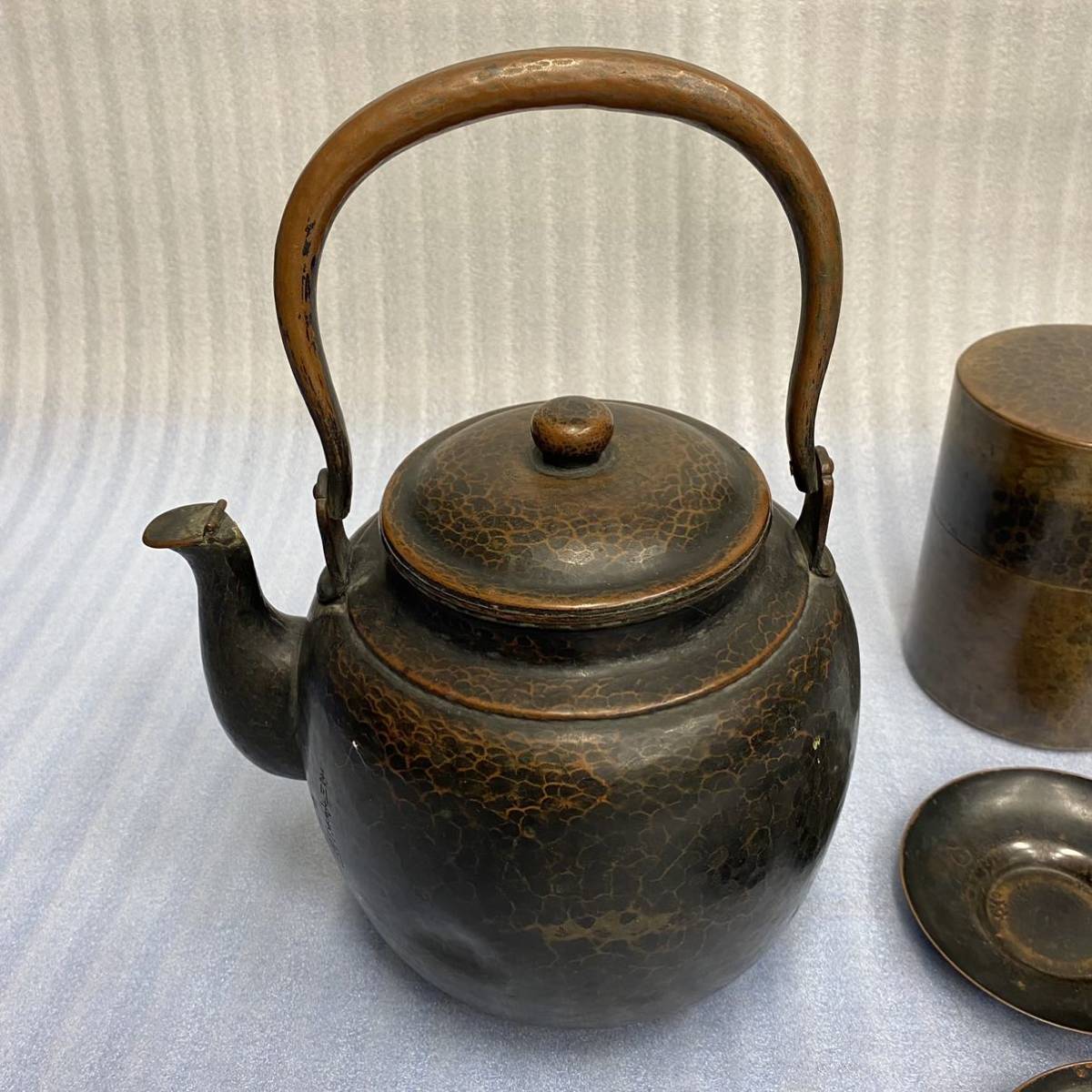 旧家蔵出◆玉川堂 大型茶筒 他 茶器まとめてセット 茶托 茶筒 湯沸 水注 銅器 やかん 薬缶 煎茶道具 
