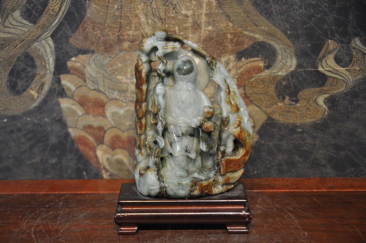 中国美術 玉石翡翠彫刻 唐木台座付き（高さ35cm） 翡翠玉石 金銭寿老置物 中国美術 中国美術 寿山石 唐木台付 台付 置物