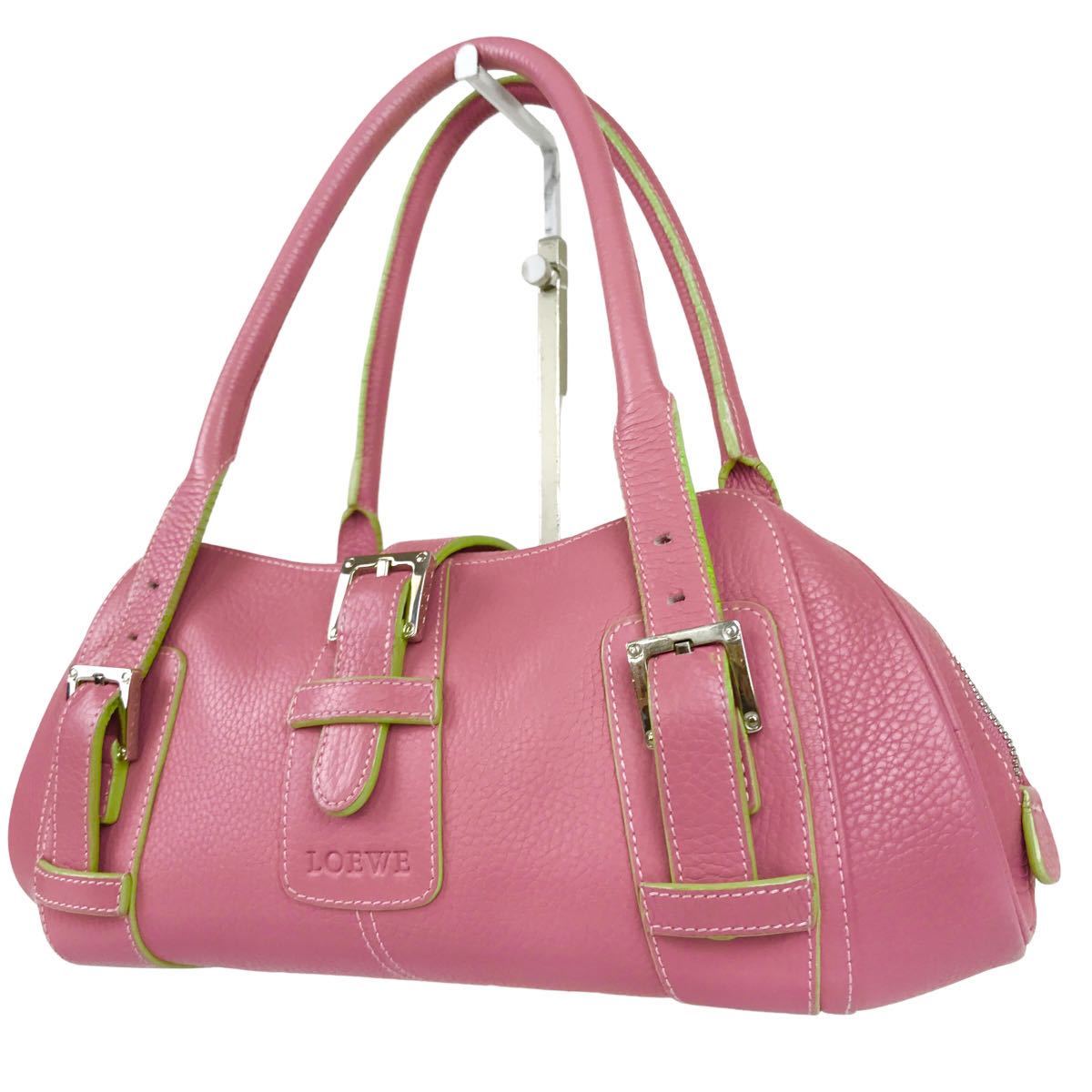 1円【美品/最高級皮革/希少色】ロエベ LOEWE センダ ピンク グリーン 
