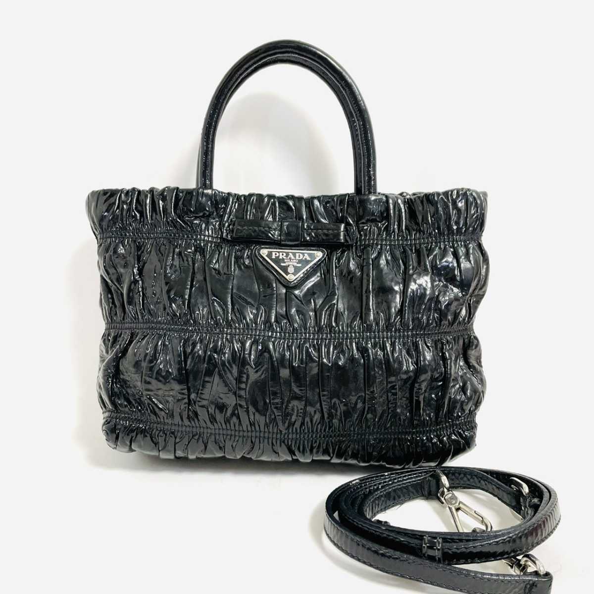 1円スタート PRADA プラダ 2way ショルダーバッグ ハンドバッグ ギャザー