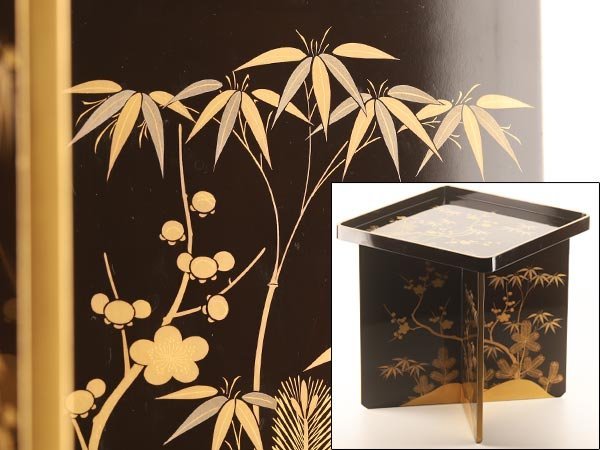 流】時代漆器 黒塗松竹梅蒔絵高月台 TG755