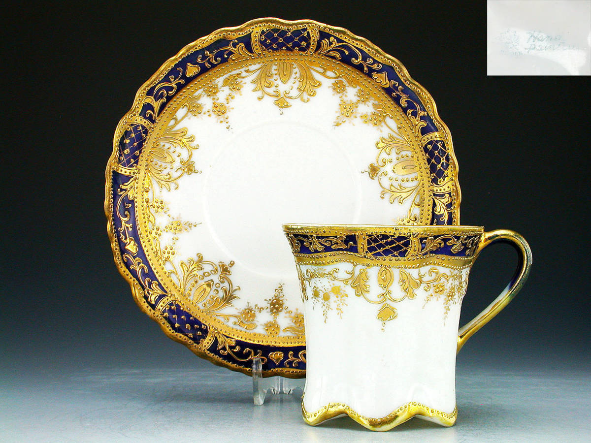 初期オールドノリタケ銘品!! オールドノリタケ・金盛上藍縁華連鎖装飾紋