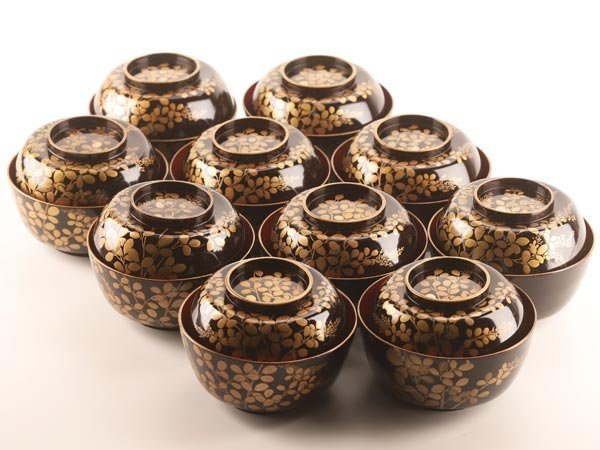 輪島塗 煮物椀 10客 | 蓋付き 共箱 ＞ 吸物椀 梅唐草蒔絵 公式通販 [内
