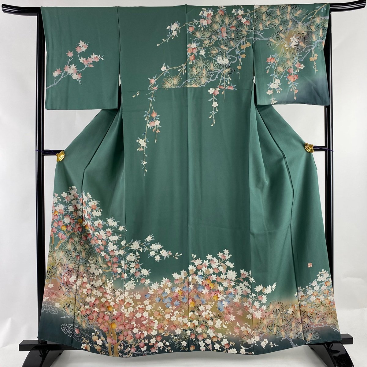 着物屋こころ□訪問着 友禅 枝花文 着丈163cm 裄66.5cm 正絹 逸品 B 
