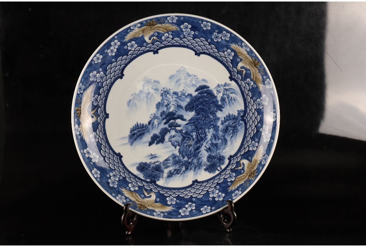 URA]有田焼/弥右衛門 造/染付花鳥山水風景図大皿/W55.3cm/7-