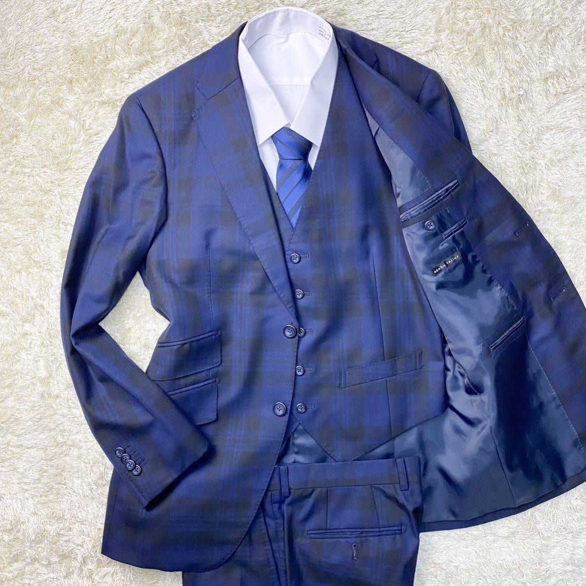 正規品，大人気 麻布テーラー 抜群の存在感 スーツ 3ピース スリーピース グレンチェック 青系 ブルー ネイビー 紺色 ウール100% 毛 48 L位 黒 ブラック(Lサイズ)｜売買されたオークション情報、yahooの商品情報 Lサイズ