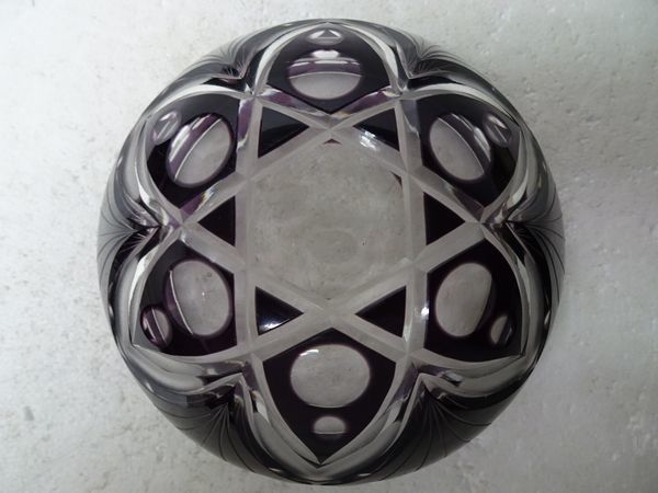 紫色被せガラス 切子 深鉢 菓子鉢 ガラス鉢/時代物/茶道具/ビンテージ