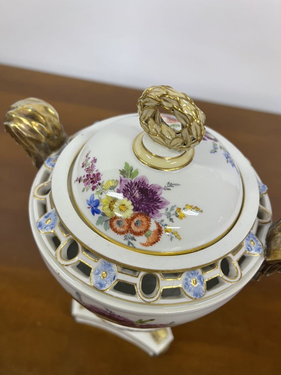 アンティーク Meissen 古マイセン 足付き花柄装飾飾り壺 マルコリーニ