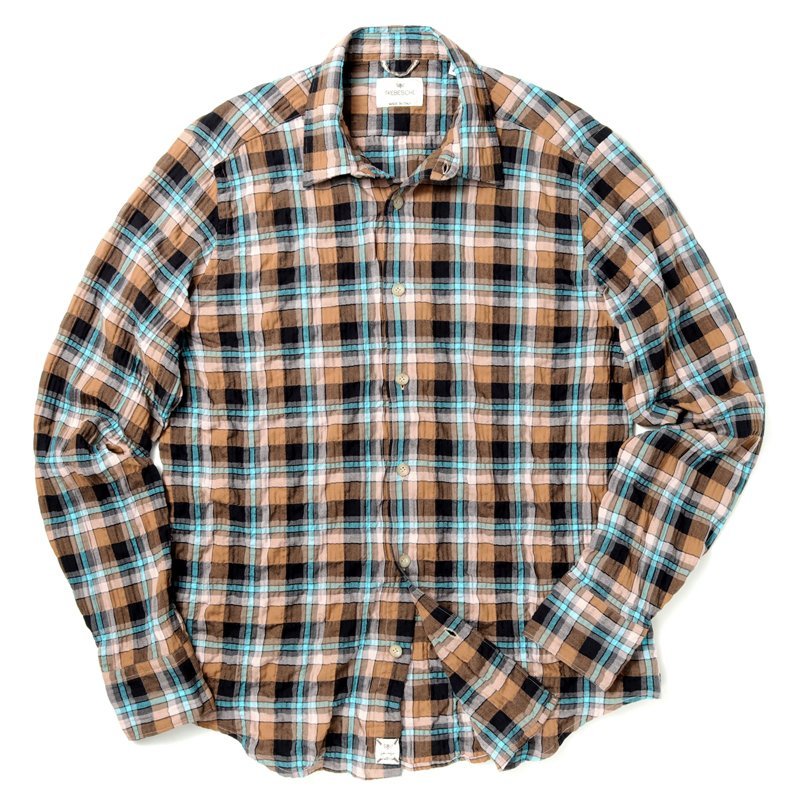 ◆【TREBESCHI(トレベッキ)/シアサッカー調コットンヘリンボーンスモールカラーチェック柄シャツ (FIRENZE)】[trb2250131-41]
