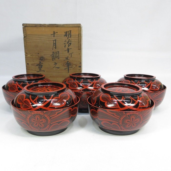 F0038】 漆芸 古美術 時代物 吉野塗 蓋付椀 蓋椀 菓子椀 吉野椀 五客 