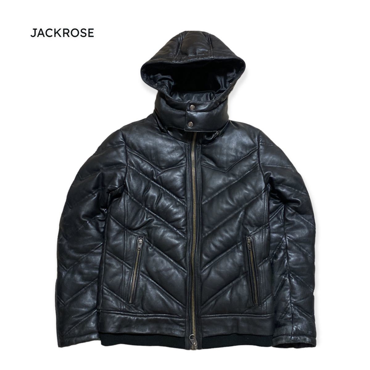 1円〜 JACKROSE レザーダウンジャケット 羊革 ラムレザー 最高峰の一品 ダウン ブラック ライダース サイズ3 フーディー ジャックローズ