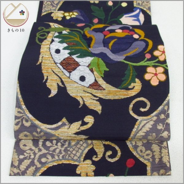 ★着物10★ 1円 絹 袋帯 更紗 花唐草 草花 六通柄 長さ444cm [同梱可] ☆☆☆