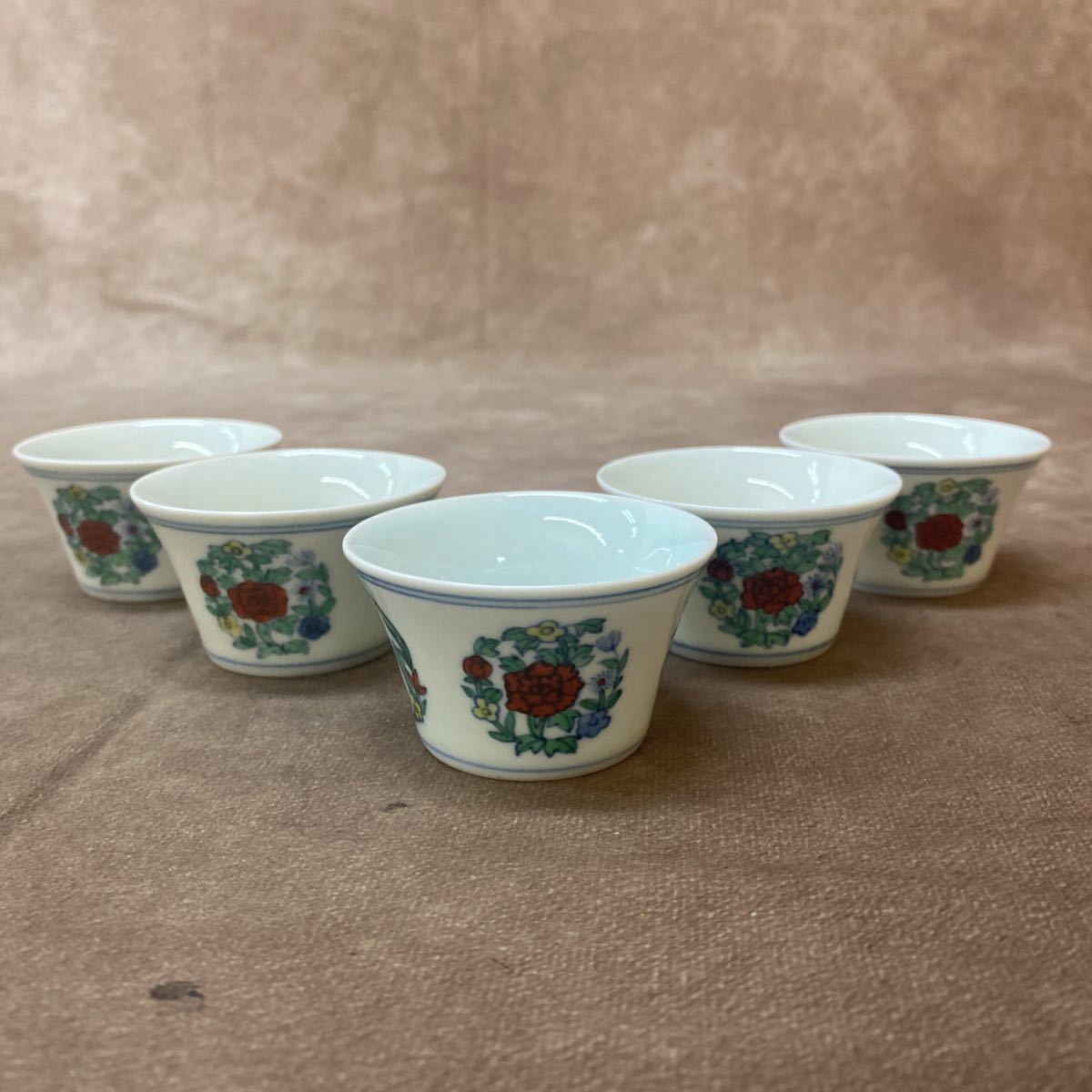 美品 大明成化年製 茶器 5点 茶碗 湯呑 中国茶 花の