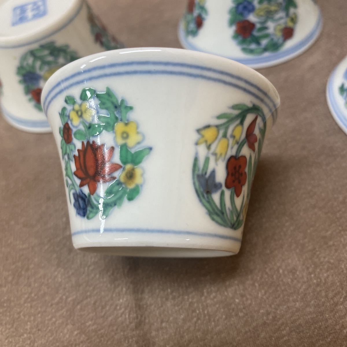 美品 大明成化年製 茶器 5点 茶碗 湯呑 中国茶 花の