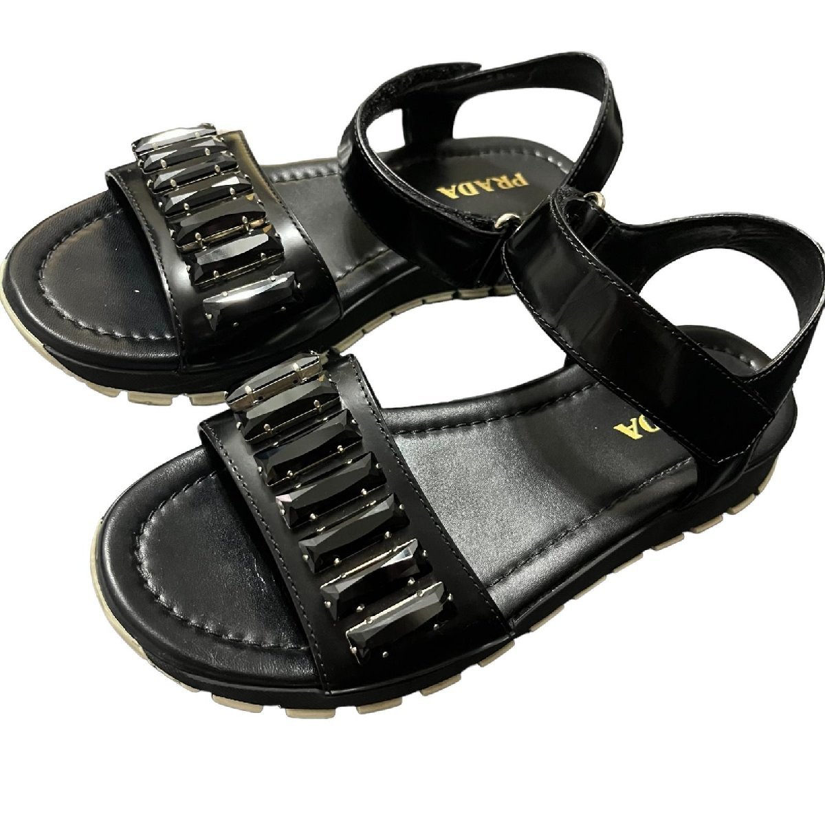 PRADA プラダ スポーツサンダル ビジュー ヒール ストラップ レザー 黒 