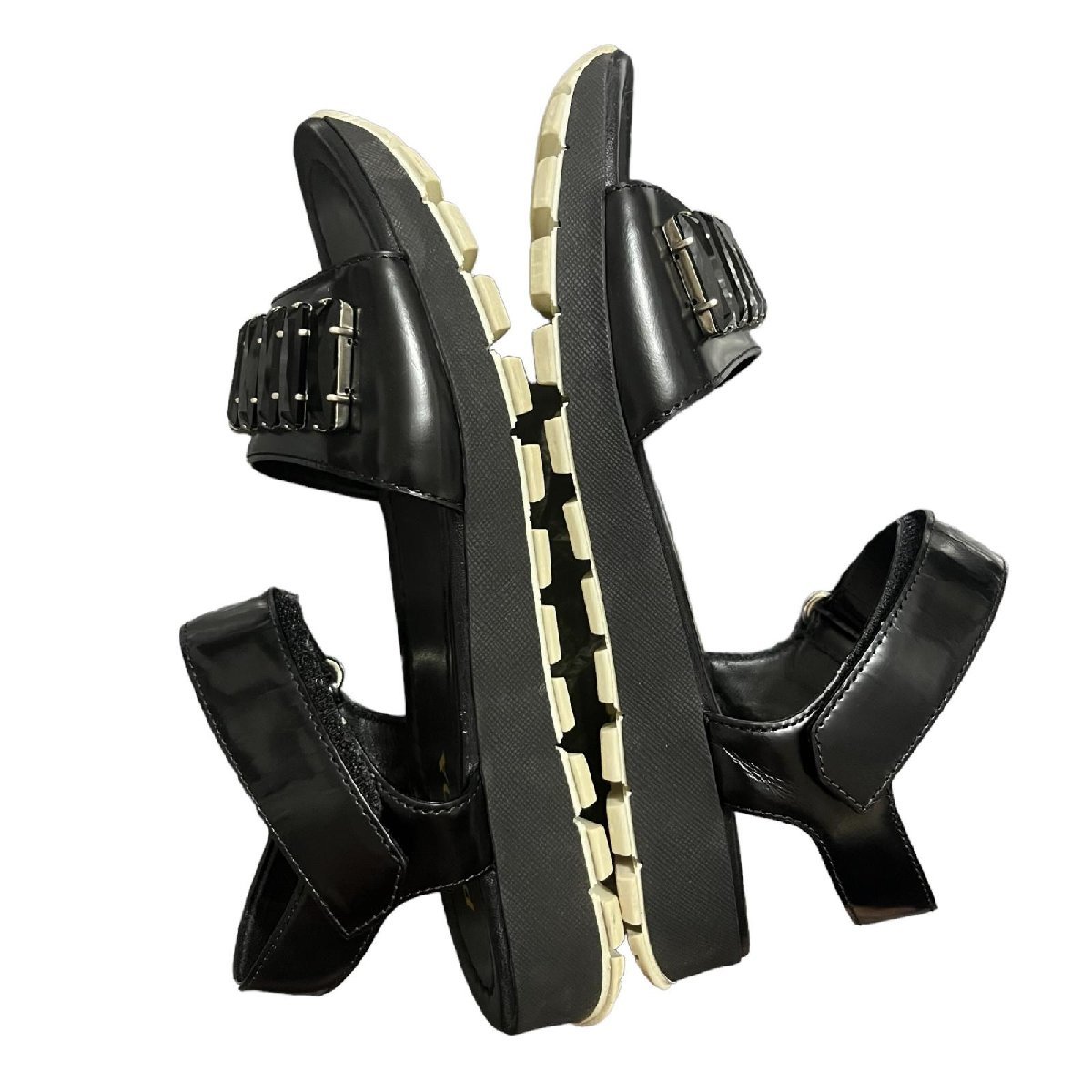 PRADA プラダ スポーツサンダル ビジュー ヒール ストラップ レザー 黒 