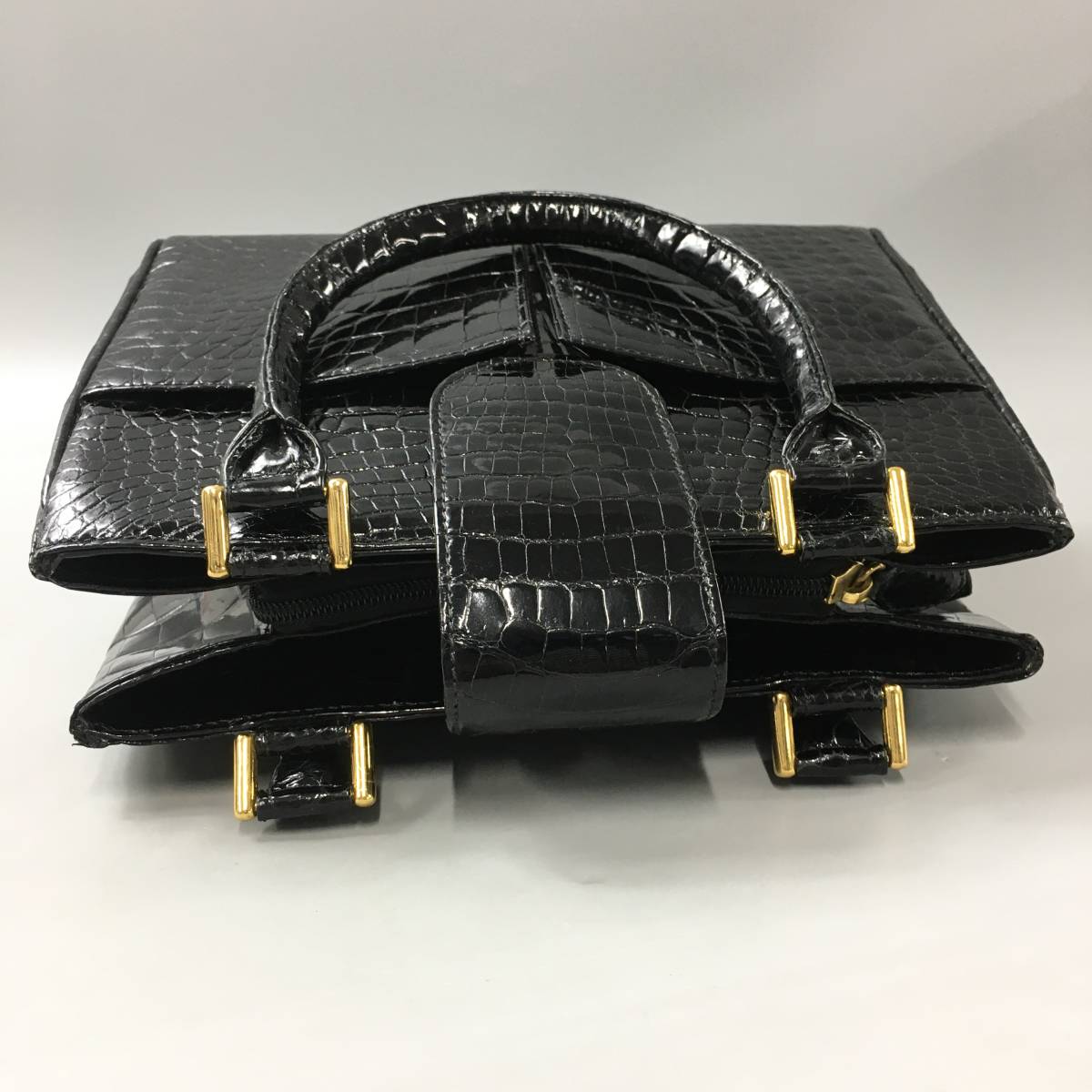 ☆C10215【美品】ハンドバッグ/クロコダイル/革 レザー/ブラック 