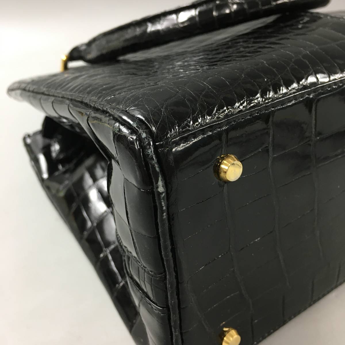 ☆C10215【美品】ハンドバッグ/クロコダイル/革 レザー/ブラック 