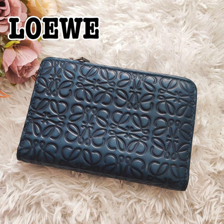 【美品】ロエベ 折り財布 リピートアナグラム ロゴ ネイビー レザー 本革 1円スタート【美品】LOEWE 折り財布 L字ファスナー リピート