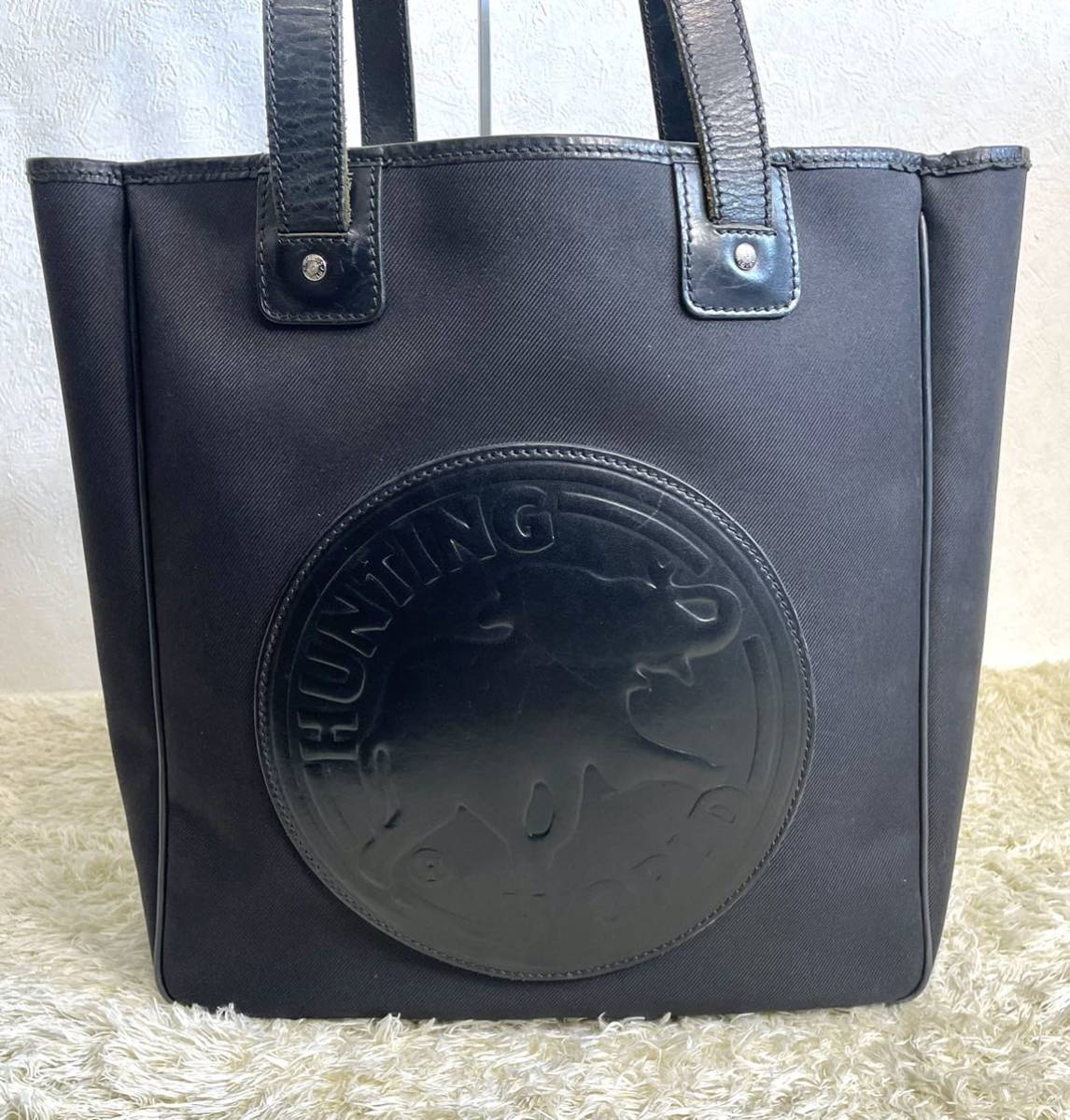 1円 美品 ビッグロゴ ハンティングワールド トートバッグ ビジネスバッグ でかロゴ ブラック レザー 男女兼用 肩掛け可能 ハンティングワールド WORLD トートバッグ（柄ロゴ）の通販 美品HUNTING ショルダーバッグ バチュークロス