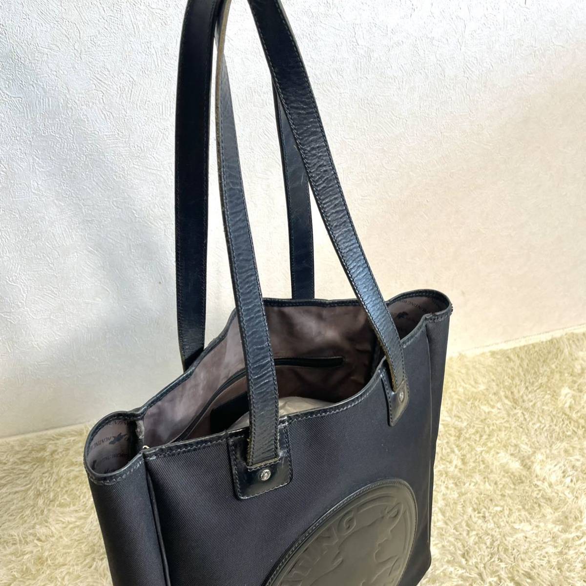 1円 美品 ビッグロゴ ハンティングワールド トートバッグ ビジネスバッグ でかロゴ ブラック レザー 男女兼用 肩掛け可能 ハンティングワールド WORLD トートバッグ（柄ロゴ）の通販 美品HUNTING ショルダーバッグ バチュークロス