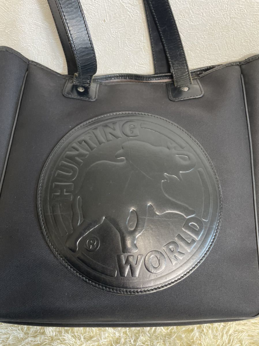 1円 美品 ビッグロゴ ハンティングワールド トートバッグ ビジネスバッグ でかロゴ ブラック レザー 男女兼用 肩掛け可能 ハンティングワールド WORLD トートバッグ（柄ロゴ）の通販 美品HUNTING ショルダーバッグ バチュークロス