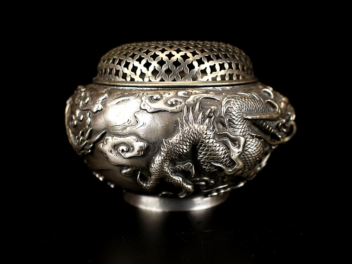 D1072 金工師 【剛信作】 蝋型鋳銅鍍銀雲龍盛上文香炉／状態いい美品Nn
