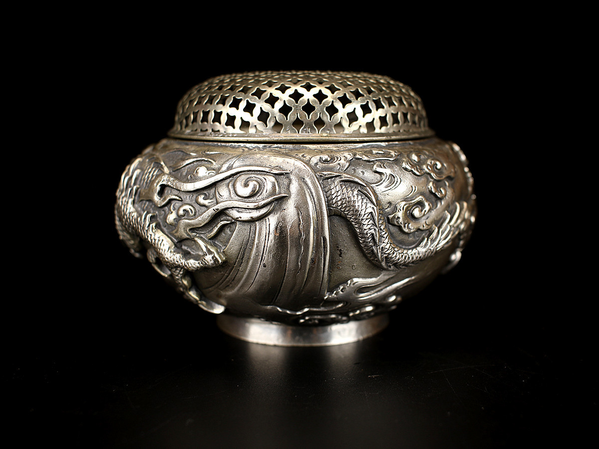 D1072 金工師 【剛信作】 蝋型鋳銅鍍銀雲龍盛上文香炉／状態いい美品Nn