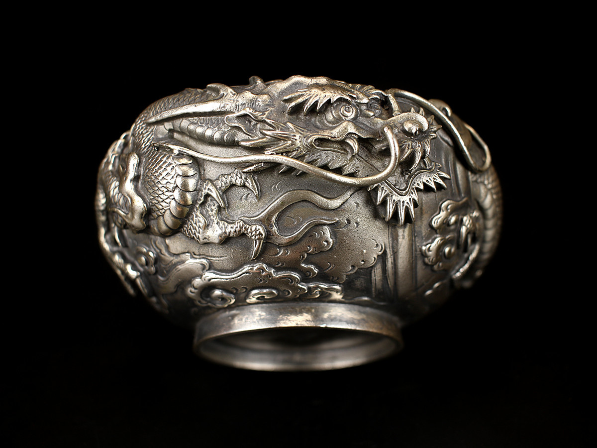 美品 茶道具 香炉 金工師 剛信作 蝋型鋳銅 鍍銀雲龍盛上文香炉 骨董品
