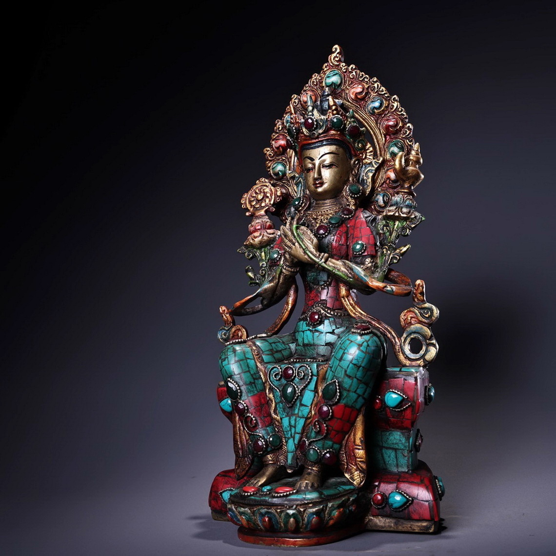 『瑯美術・時代旧蔵』AK228清代 仏教古美術 チベット密教 銅製象嵌宝石彩絵描金現巴仏