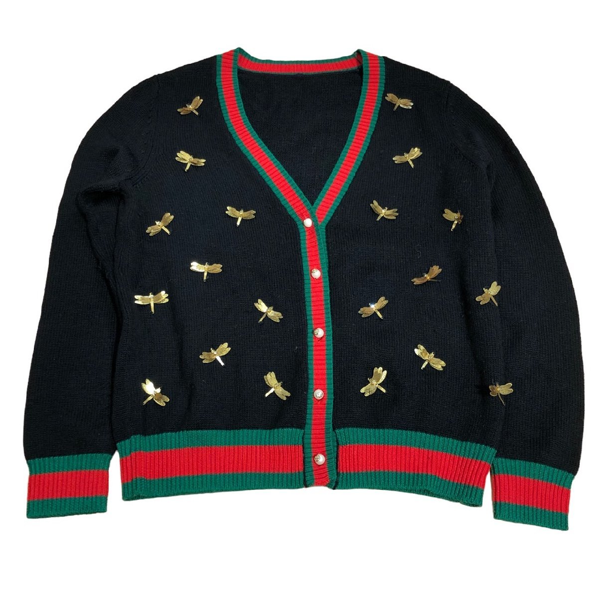 1円 GUCCI グッチ スクールカーディガン トンボ装飾 シェリーライン S