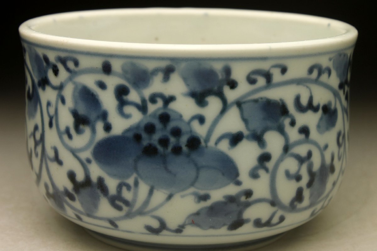 余韻】 江戸期 染付唐草牡丹文 茶碗☆無傷美品 時代物＜同梱可