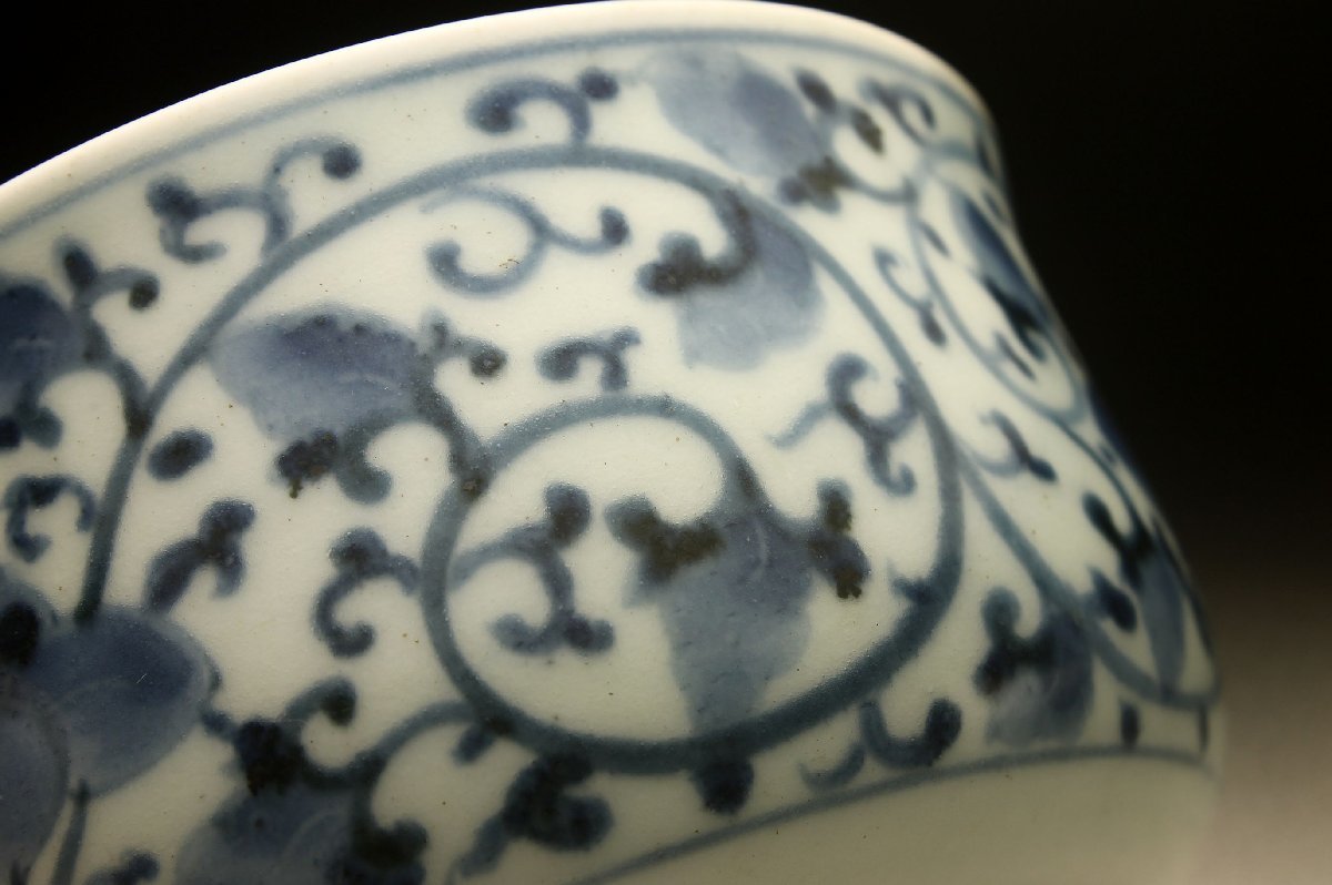 余韻】 江戸期 染付唐草牡丹文 茶碗☆無傷美品 時代物＜同梱可