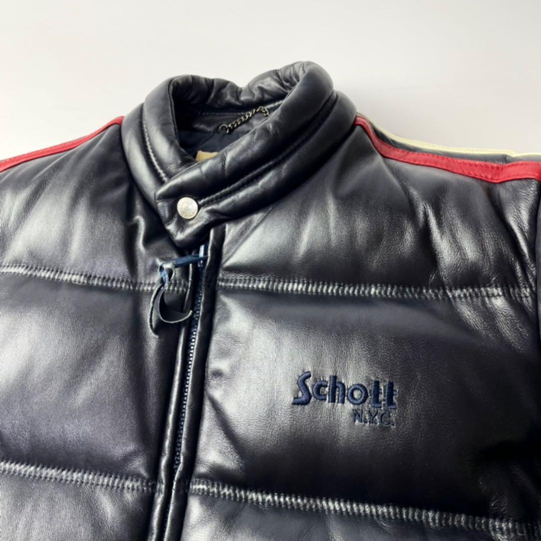 美品】Schott ショット レザー ダウンジャケット L ダークネイビー 