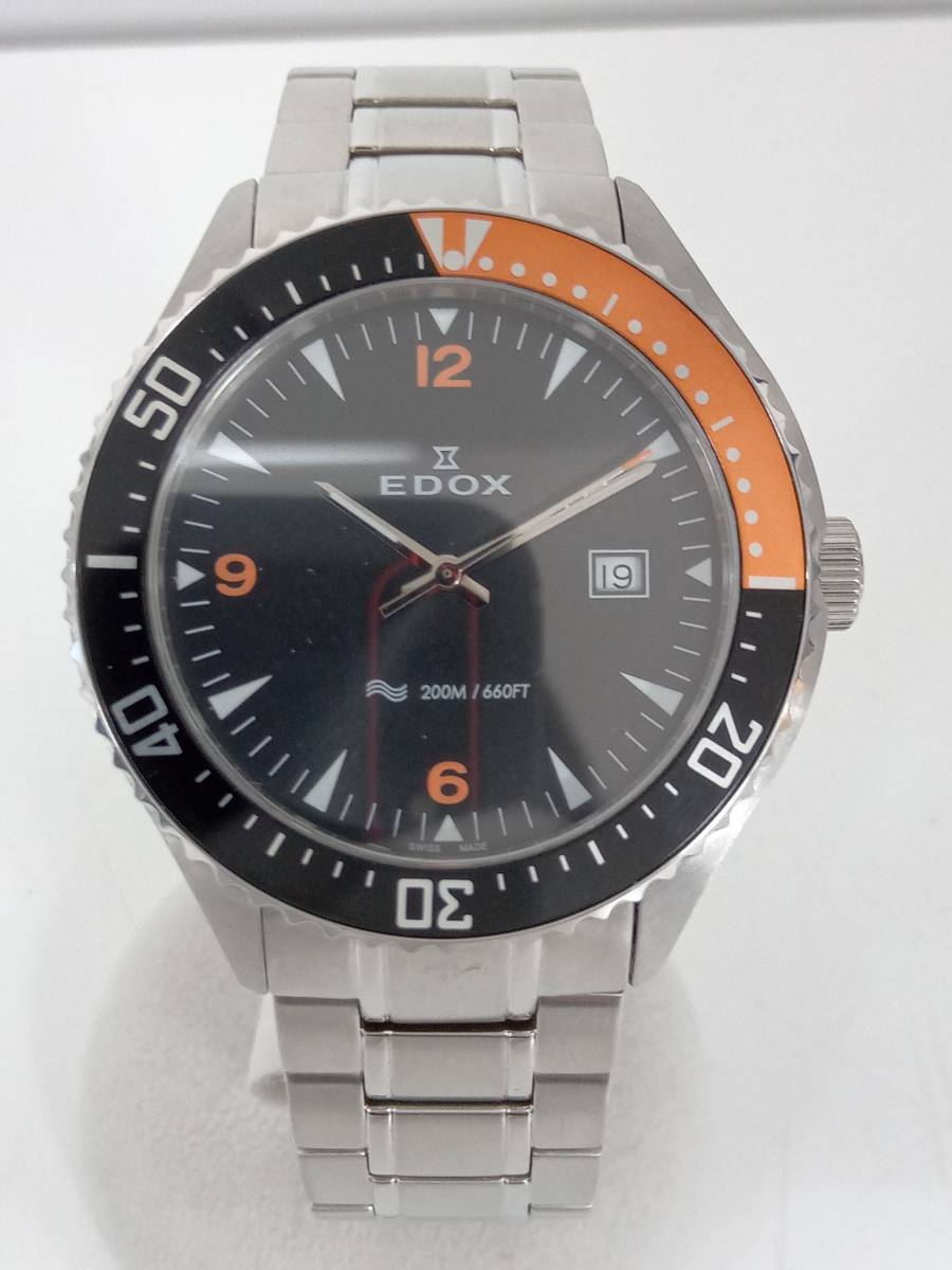 EDOX 53016　クォーツ　メンズ　黒文字盤　SS オレンジ