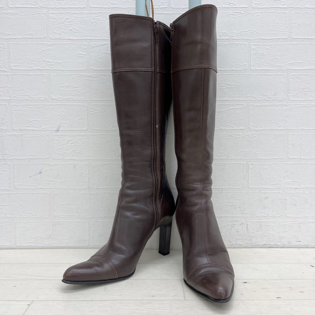 767◎ GINZA Kanematsu 銀座 かねまつ 靴 シューズ ブーツ ロング ヒール ハイ サイドジップ ポインテッドトゥ ブラウン レディース23.0