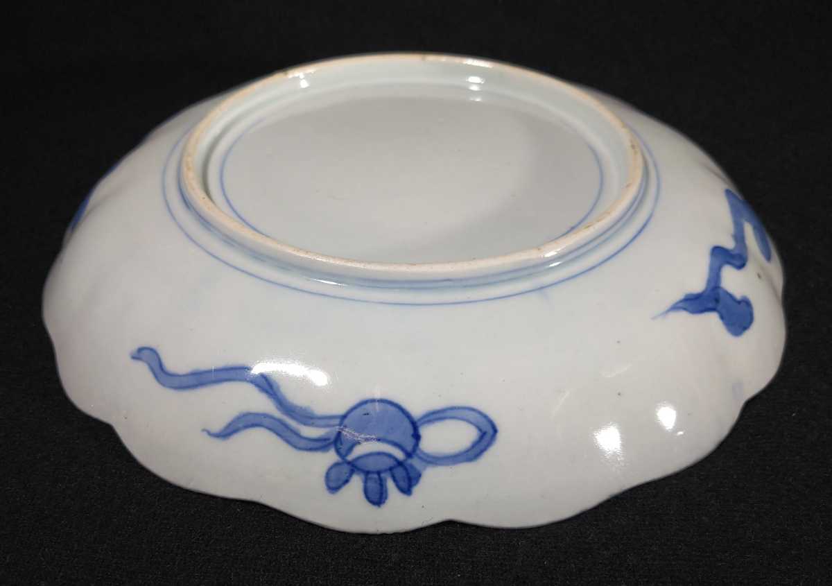 古伊万里 染付 金彩 色絵 唐草文 花文 鳳凰に菊の御紋入り扇図 22cm 輪
