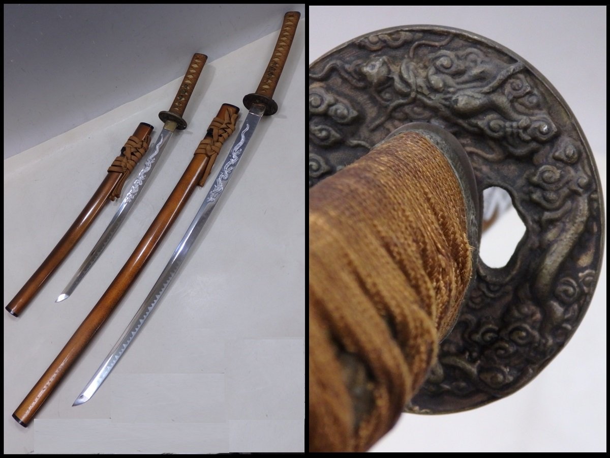 ★鞘は金梨地！【模擬刀2本セット】鍔は雲龍の浮き彫り！　刃には龍の彫り！　長104cm　短70cm　ミリタリー コスプレ 模造刀 △ミリタリー模擬刀 (模造刀仕様) インテリア 雲龍の鍔 雲龍図鍔(TU-050517)｜刀・日本刀の販売なら日本刀専門店