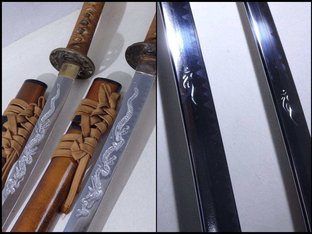 ★鞘は金梨地！【模擬刀2本セット】鍔は雲龍の浮き彫り！　刃には龍の彫り！　長104cm　短70cm　ミリタリー コスプレ 模造刀 △ミリタリー模擬刀 (模造刀仕様) インテリア 雲龍の鍔 雲龍図鍔(TU-050517)｜刀・日本刀の販売なら日本刀専門店