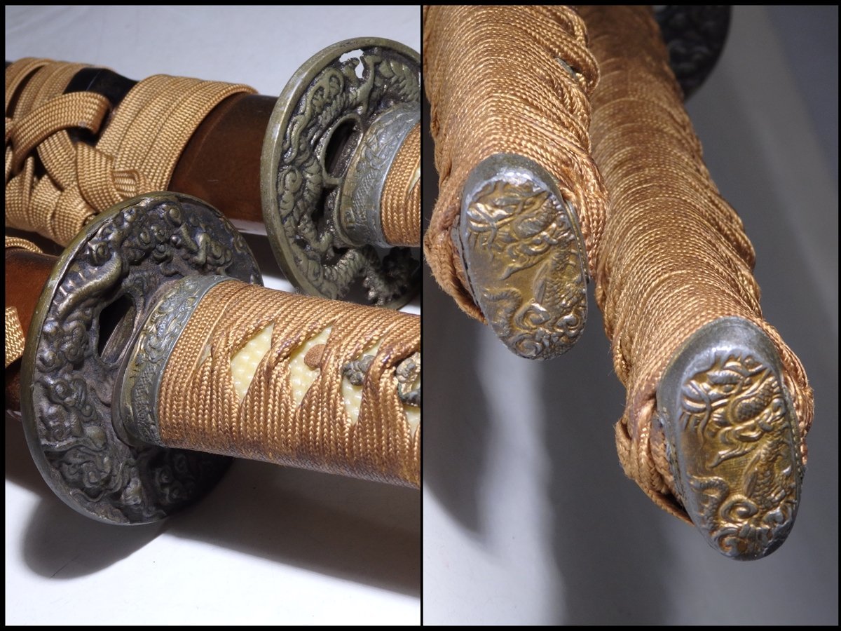 ★鞘は金梨地！【模擬刀2本セット】鍔は雲龍の浮き彫り！　刃には龍の彫り！　長104cm　短70cm　ミリタリー コスプレ 模造刀 △ミリタリー模擬刀 (模造刀仕様) インテリア 雲龍の鍔 雲龍図鍔(TU-050517)｜刀・日本刀の販売なら日本刀専門店