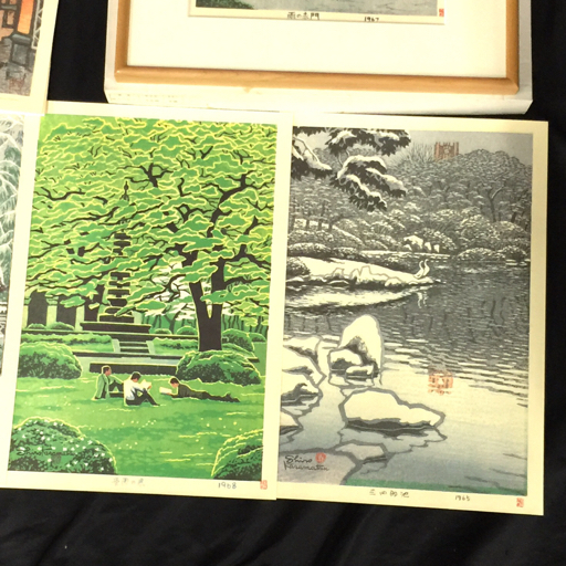 1円 東京大学風景 笠松紫浪 自刻摺木版画 真作 雨の赤門 / 東京大学 