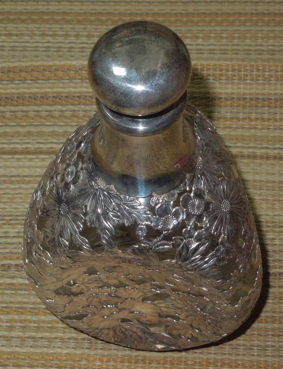 銀製・純銀 酒瓶 金工花彫銀被硝子酒器 デキャンタ silver950刻印 約