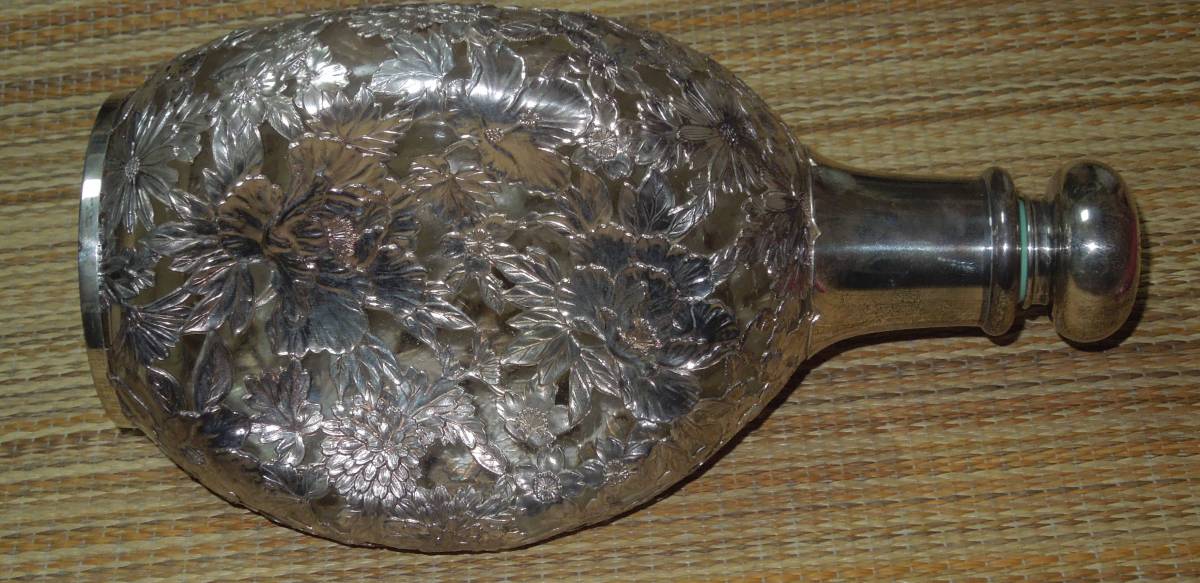 銀製・純銀 酒瓶 金工花彫銀被硝子酒器 デキャンタ silver950刻印 約